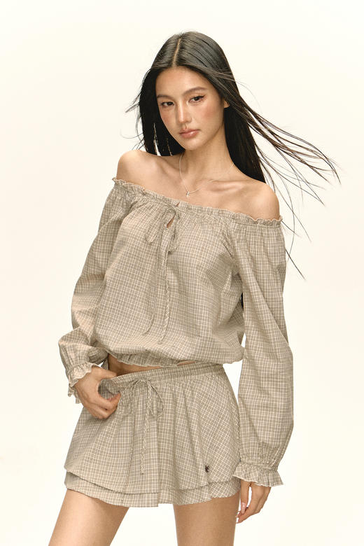 Ariseism 美式复古一字肩上衣+短裙两件套套装女秋季新款 商品图4