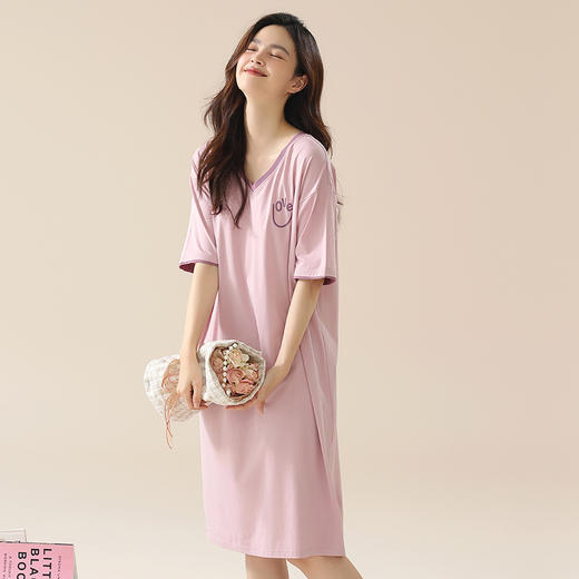 丁摩 睡裙女夏款莫代尔短袖V领可外穿家居服夏天薄款女士睡裙5ZF-22565 商品图1