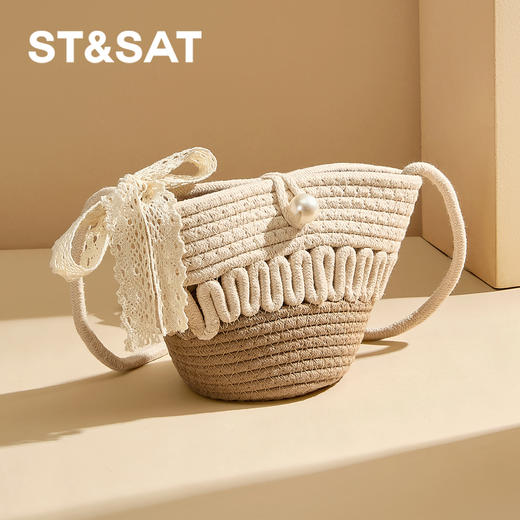 星期六森系蕾丝蝴蝶结草编斜挎单肩包SSD521A02X 商品图2