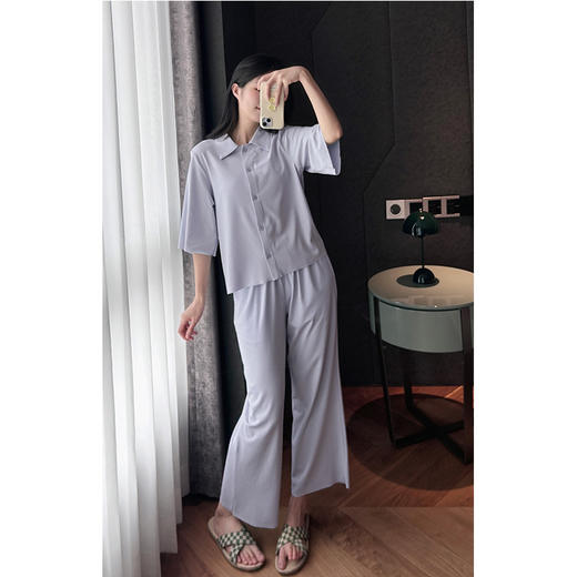 面料黑科技！敏感肌福音 翻领八分裤居家服套装 自由随心裁工艺 提花雀网布 细腻贴肤 柔软透气 商品图7