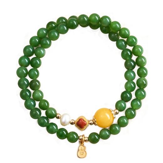 小福牌蜜蜡转运珠双圈碧玉和田玉手串6mm 商品图4