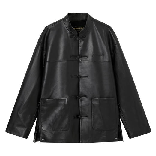 NPC潮牌国风新中式羊皮革立领盘扣皮衣夹克老钱风外套NP48TJ08 商品图5