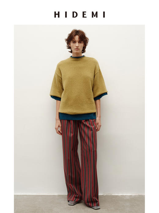 HIDEMI 进口定染酒红色色织条纹精纺羊毛阔腿裤 商品图3