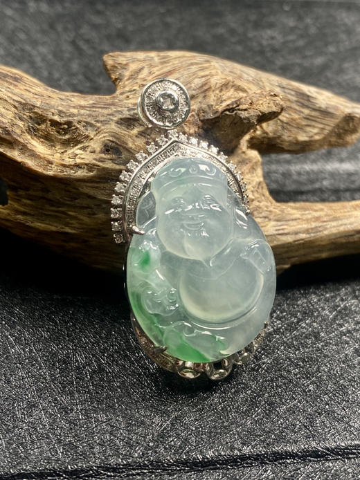 【FC0064】18K金镶嵌翡翠飘绿财神吊坠 玉质温润 飘花灵动 商品图0