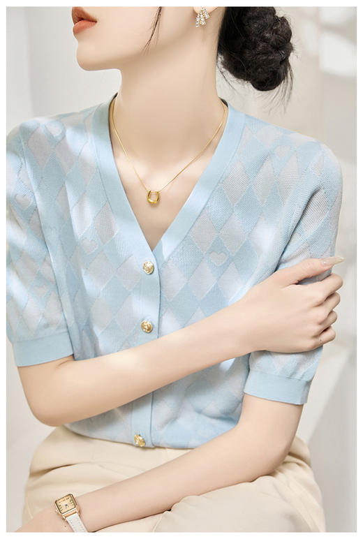 新款菱形格轻熟知性OL五分袖针织薄款上衣开衫 商品图5