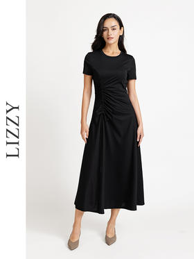 LIZZY 时尚法式简约弹力针织抽褶开叉长款连衣裙7420