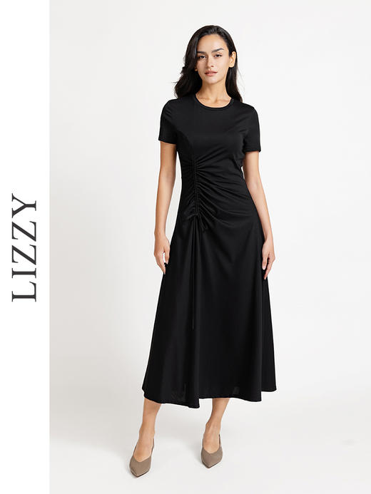 LIZZY 时尚法式简约弹力针织抽褶开叉长款连衣裙7420 商品图0