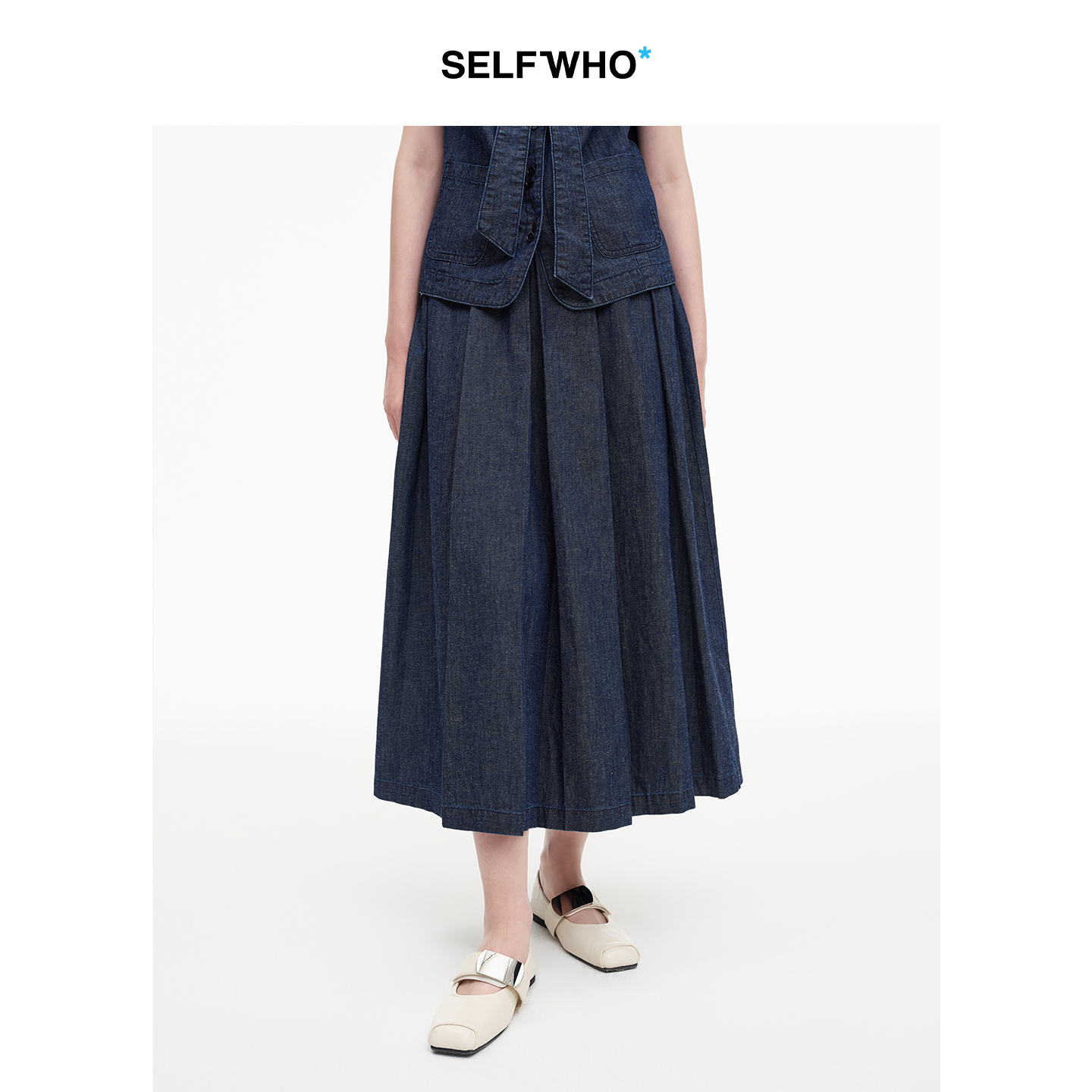 SELFWHO棉麻混纺原牛风牛仔半身裙女2025秋新款立体工字褶A字长裙