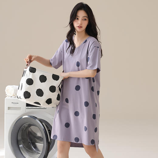 丁摩 大码睡裙女夏季薄款半袖波点中长裙外穿甜美可爱女士【棉+莫代尔】睡裙5ZF-  22581 商品图2