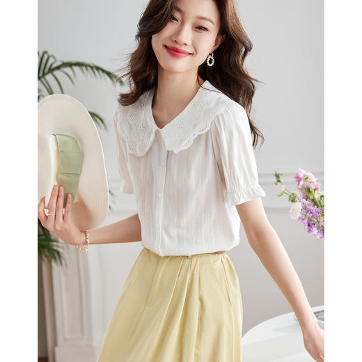 【专属特价】熙世界肌理感衬衫女夏2025新款法式小众镂空花边双层领泡泡袖上衣 商品图3