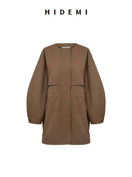 HIDEMI 极简圆领大廓形手工撞色线宽松羊腿袖抽绳设计感风衣外套 商品图6