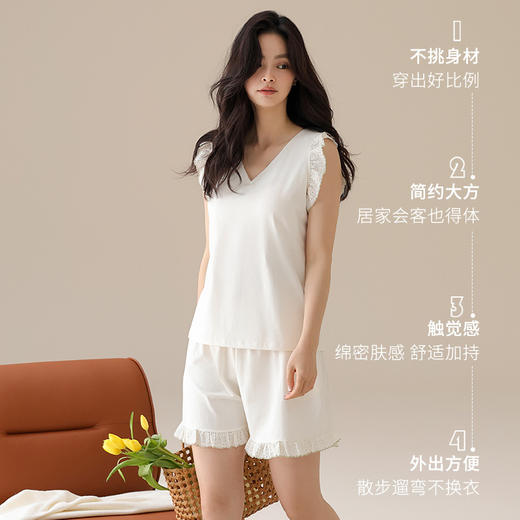 丁摩 带胸垫睡衣女夏季【纯棉】无袖背心短裤薄款可外穿夏天女士蕾丝家居服5ZF-  63035 商品图2