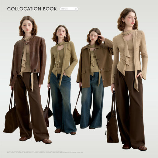 西遇不对称荷叶边飘带长袖T恤女秋季镂空修身打底针织衫V2851161 商品图1