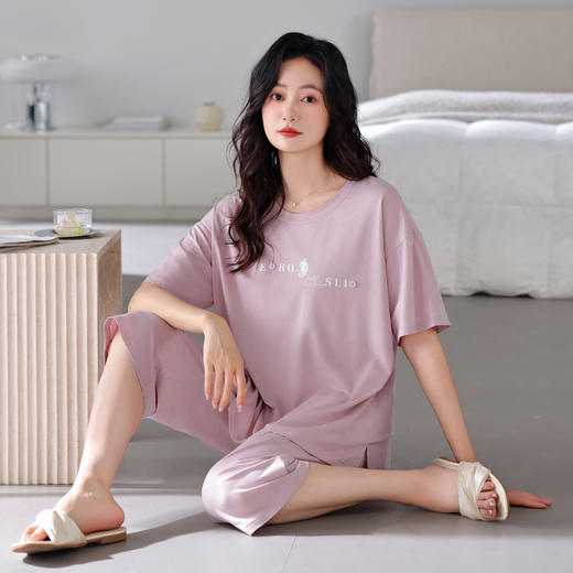 丁摩 睡衣女款夏胸垫薄款短袖七分裤家居服可外穿【棉+莫代尔】睡衣女夏5ZF-6212 商品图1