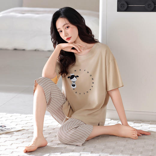 丁摩 睡衣女款夏胸垫薄款短袖七分裤家居服可外穿【棉+莫代尔】睡衣女夏5ZF-6212 商品图7