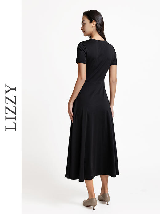 LIZZY 时尚法式简约弹力针织抽褶开叉长款连衣裙7420 商品图3