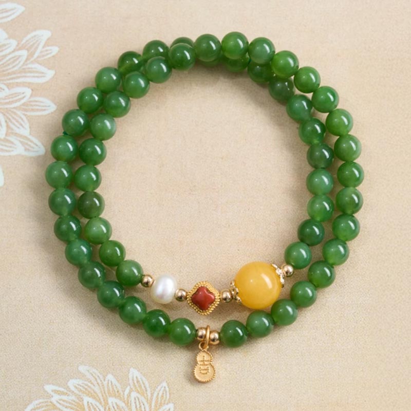 【林栖好物】小福牌蜜蜡转运珠双圈碧玉和田玉手串6mm