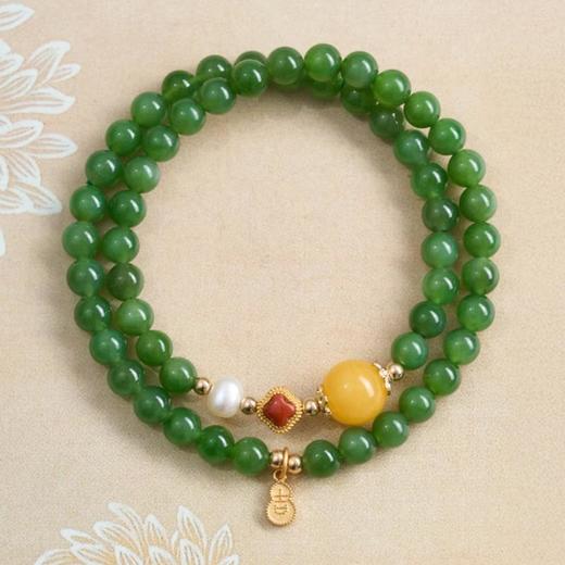 小福牌蜜蜡转运珠双圈碧玉和田玉手串6mm 商品图0