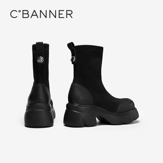 千百度牛皮拼接弹力袜靴女2025冬季新款厚底保暖轻便增高短靴子A25533011 商品图4