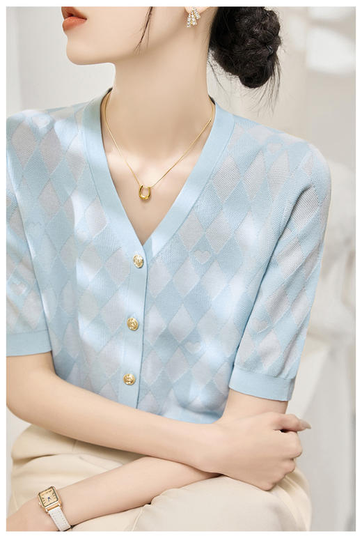 新款菱形格轻熟知性OL五分袖针织薄款上衣开衫 商品图7