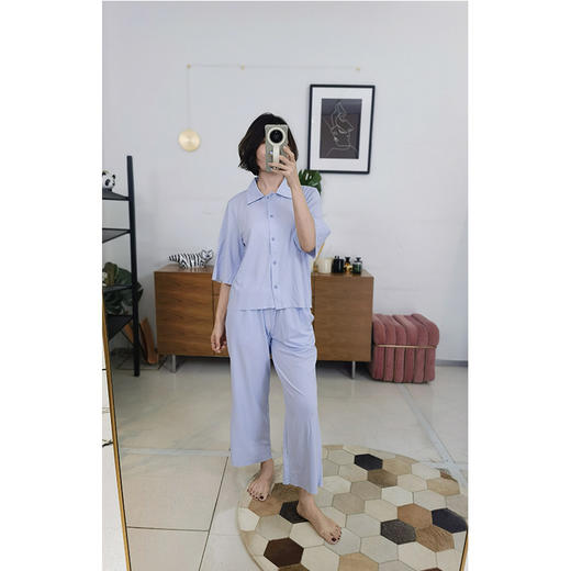 面料黑科技！敏感肌福音 翻领八分裤居家服套装 自由随心裁工艺 提花雀网布 细腻贴肤 柔软透气 商品图5