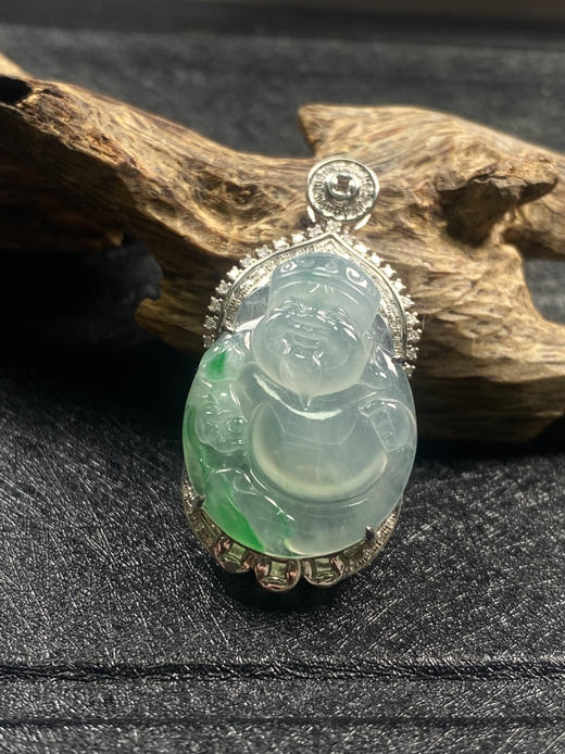 【FC0064】18K金镶嵌翡翠飘绿财神吊坠 玉质温润 飘花灵动 商品图2