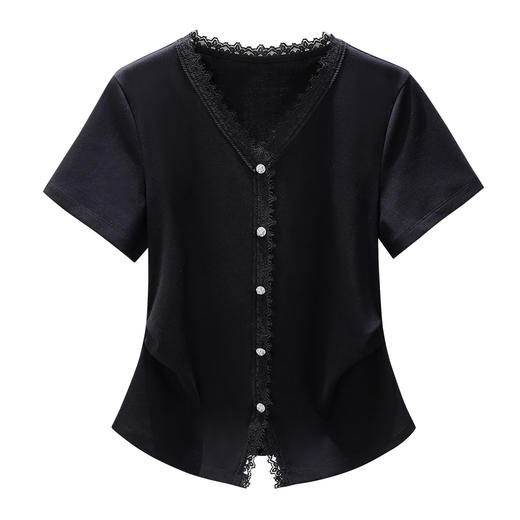 「自j」全新升级【铂金会员119/天猫159/差价40】(01154)洛诗琳法式蕾丝拼接V领T恤2025夏季新款气质显瘦开叉上衣 商品图4