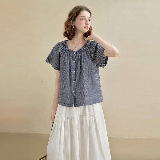 西遇韩系甜美条纹短袖衬衫女夏季褶皱圆领设计感百搭宽松衬衣H0051122 商品图3