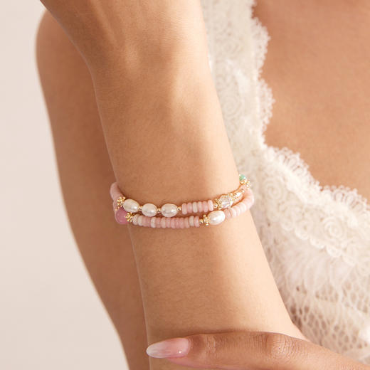 Manreya玛芮雅浅粉星芒粉水晶珍珠手串双圈手链粉色串珠精致气质|粉水晶，铜镀金， 长度约：34cm 商品图3