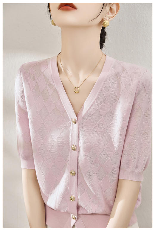 新款菱形格轻熟知性OL五分袖针织薄款上衣开衫 商品图1