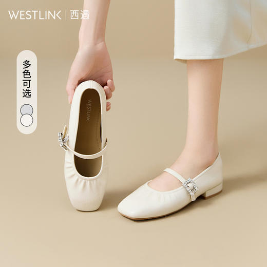 西遇方头玛丽珍鞋女新款秋季法式绝美水钻平底鞋低跟银色单鞋V1656949 商品图0