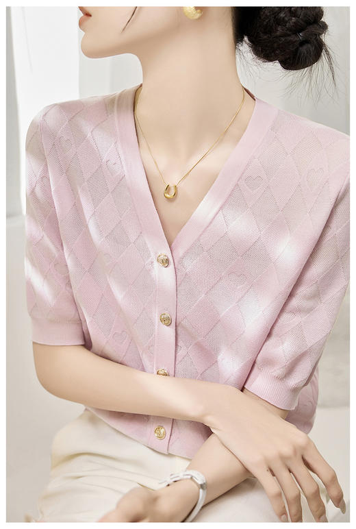 新款菱形格轻熟知性OL五分袖针织薄款上衣开衫 商品图0