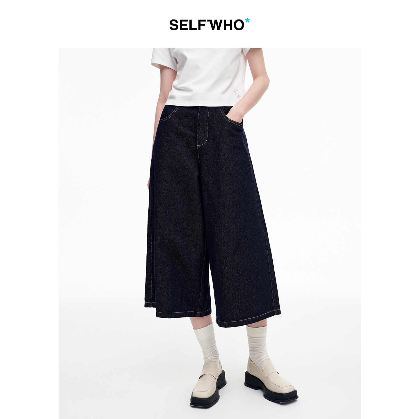 SELFWHO棉混纺复古原牛风高腰牛仔裤女2025秋新款宽松阔腿七分裤