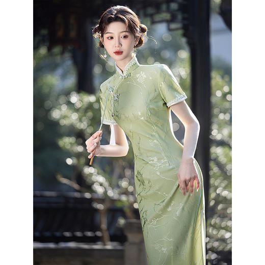 绿色旗袍高端气质少女新中式夏季提花3715 商品图3