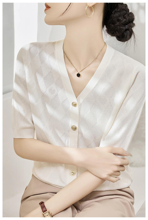 新款菱形格轻熟知性OL五分袖针织薄款上衣开衫 商品图3