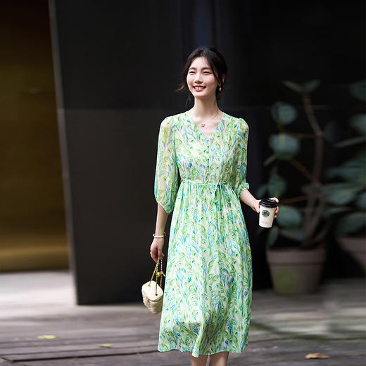 丁摩 孔雀印花真丝连衣裙奢华修身飘逸五分袖气质V领桑蚕丝裙子5ZF-90484 商品图2