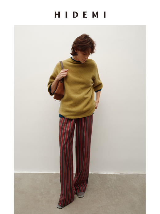 HIDEMI 进口定染酒红色色织条纹精纺羊毛阔腿裤 商品图4