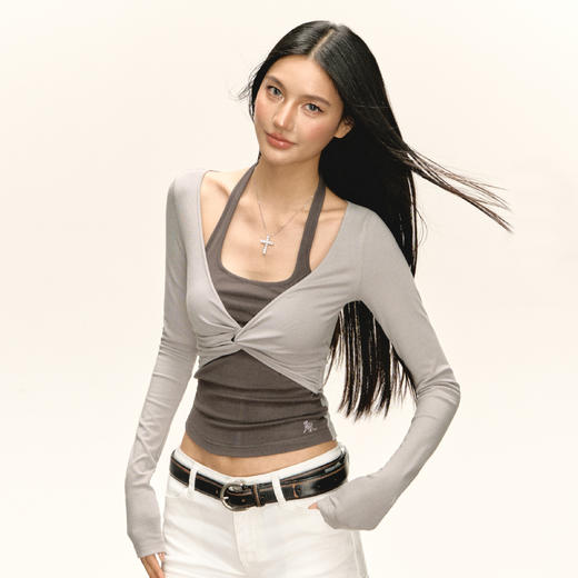 Ariseism 美式复古设计感假两件长袖T恤女秋季新款辣妹修身上衣 商品图1