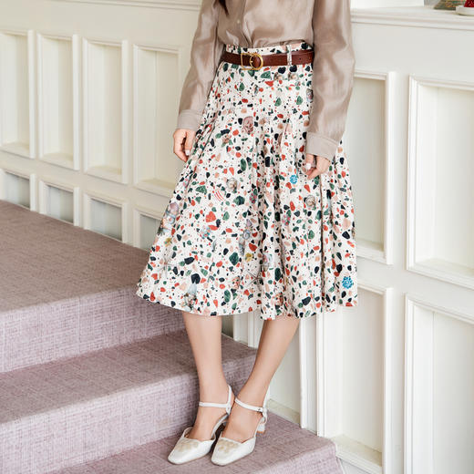 谜底花色半身裙2025秋季新款复古风修身印花百褶中长裙257MB7821 商品图1
