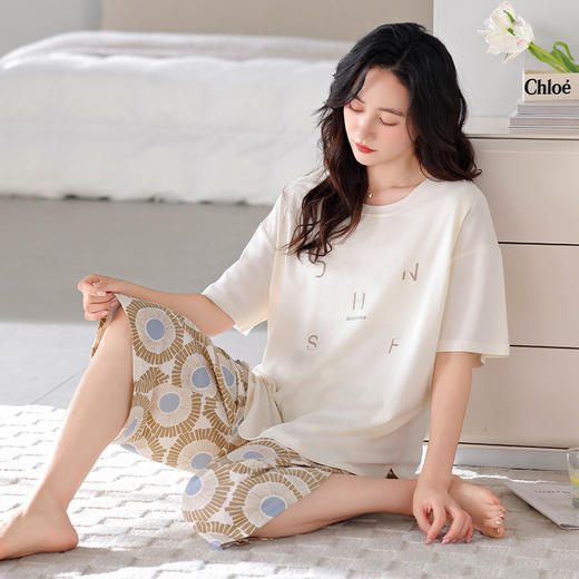 丁摩 睡衣女款夏胸垫薄款短袖七分裤家居服可外穿【棉+莫代尔】睡衣女夏5ZF-6212 商品图5