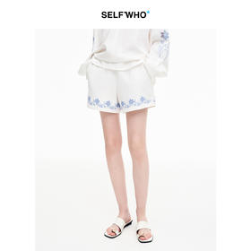 SELFWHO天丝亚麻混纺绿绒蒿镂空绣花短裤2025秋新款松紧腰休闲裤