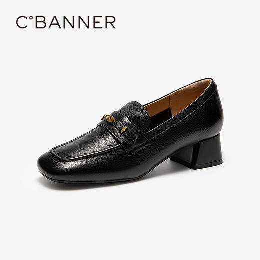 千百度羊皮粗跟乐福鞋女通勤高跟鞋舒适单鞋A25480804 商品图1