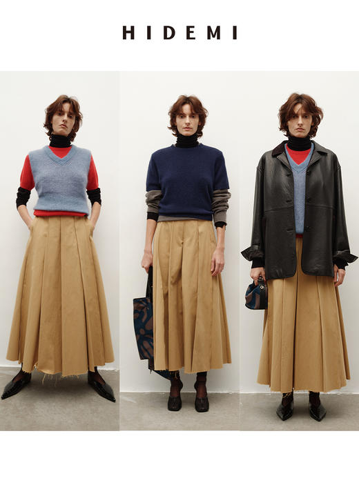 HIDEMI 进口加厚斜纹百分百自然棉百褶压褶半身毛边长裙半身裙 商品图0