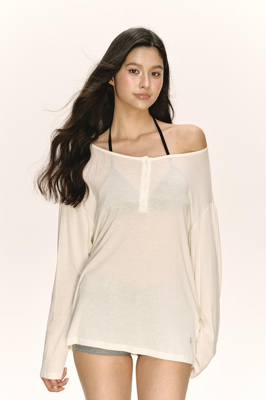 Ariseism 美式复古薄款微透长袖T恤女秋季新款辣妹露肩宽松上衣 商品图4