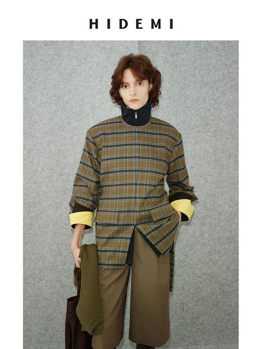 HIDEMI 极简色织格纹拉绒经典圆领宽肩套头廓形西装 商品图0