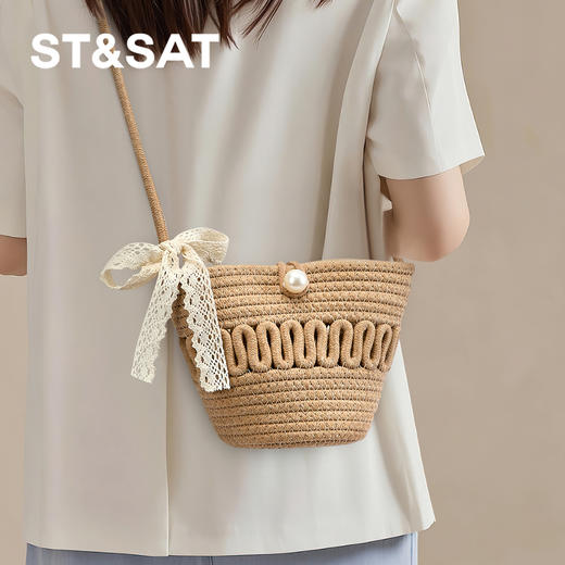 星期六森系蕾丝蝴蝶结草编斜挎单肩包SSD521A02X 商品图6