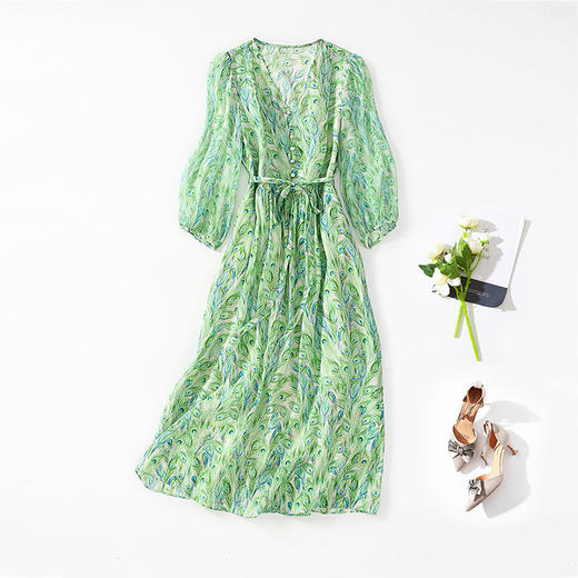 丁摩 孔雀印花真丝连衣裙奢华修身飘逸五分袖气质V领桑蚕丝裙子5ZF-90484 商品图4