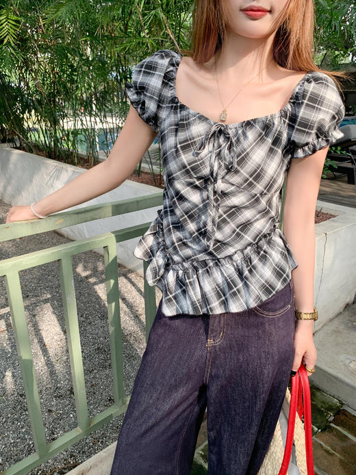 【149元任选2件】最后一波！复古格纹泡泡袖方领衬衫 商品图8