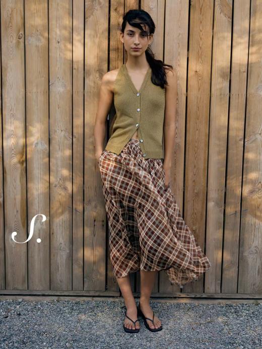 shyshystill/shy202502080/捏细褶棉质碎花格子大裙摆两色伞裙 商品图2