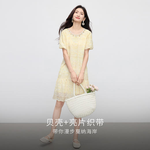 【专属特价】熙世界度假风花苞袖蕾丝刺绣连衣裙女夏季小个子亮片圆领a字裙子 商品图2